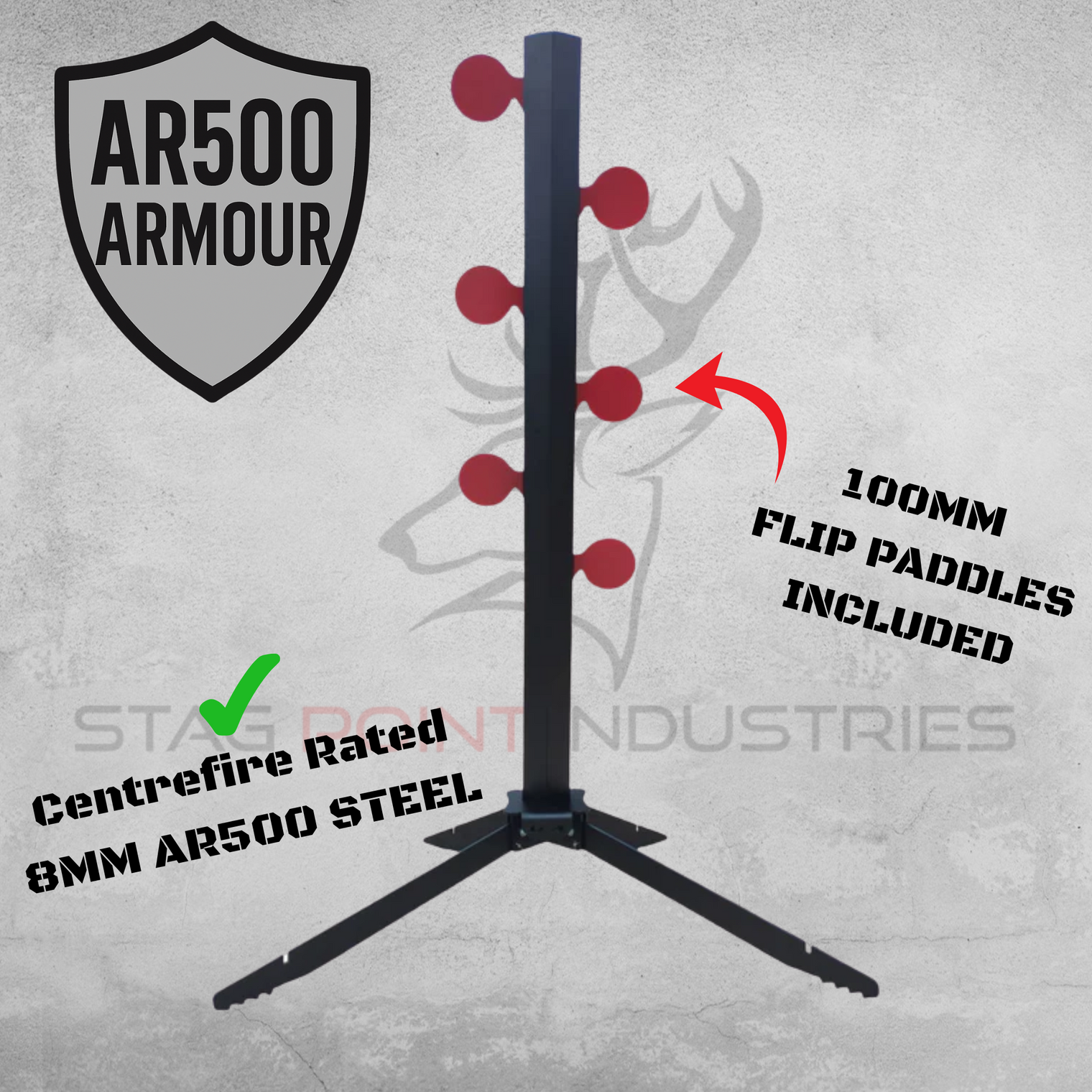 DT-Alpha Duelling Tree Bundle – Centrefire Kit with REACK X-BASE & X6 100mm AR500 Flip Paddles
